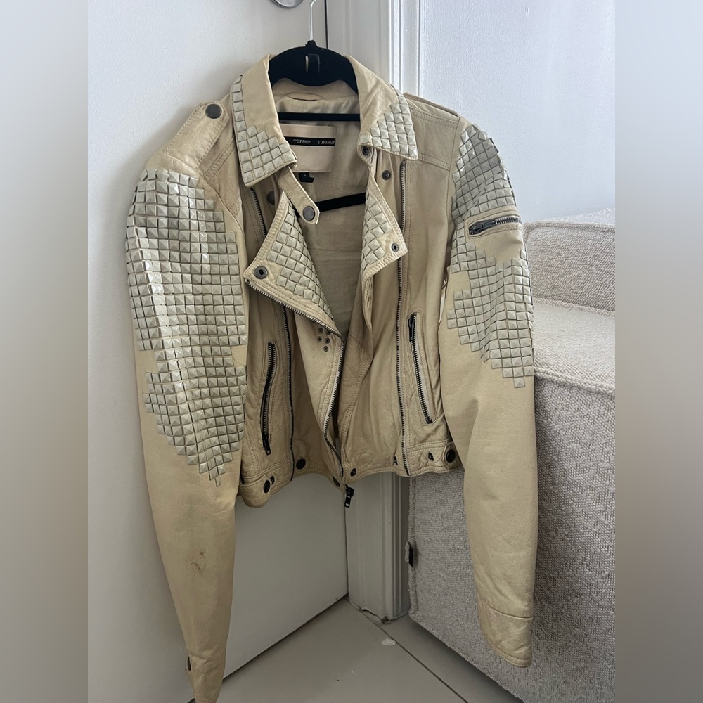 Topshop Cream Studded Leather Biker Jacket